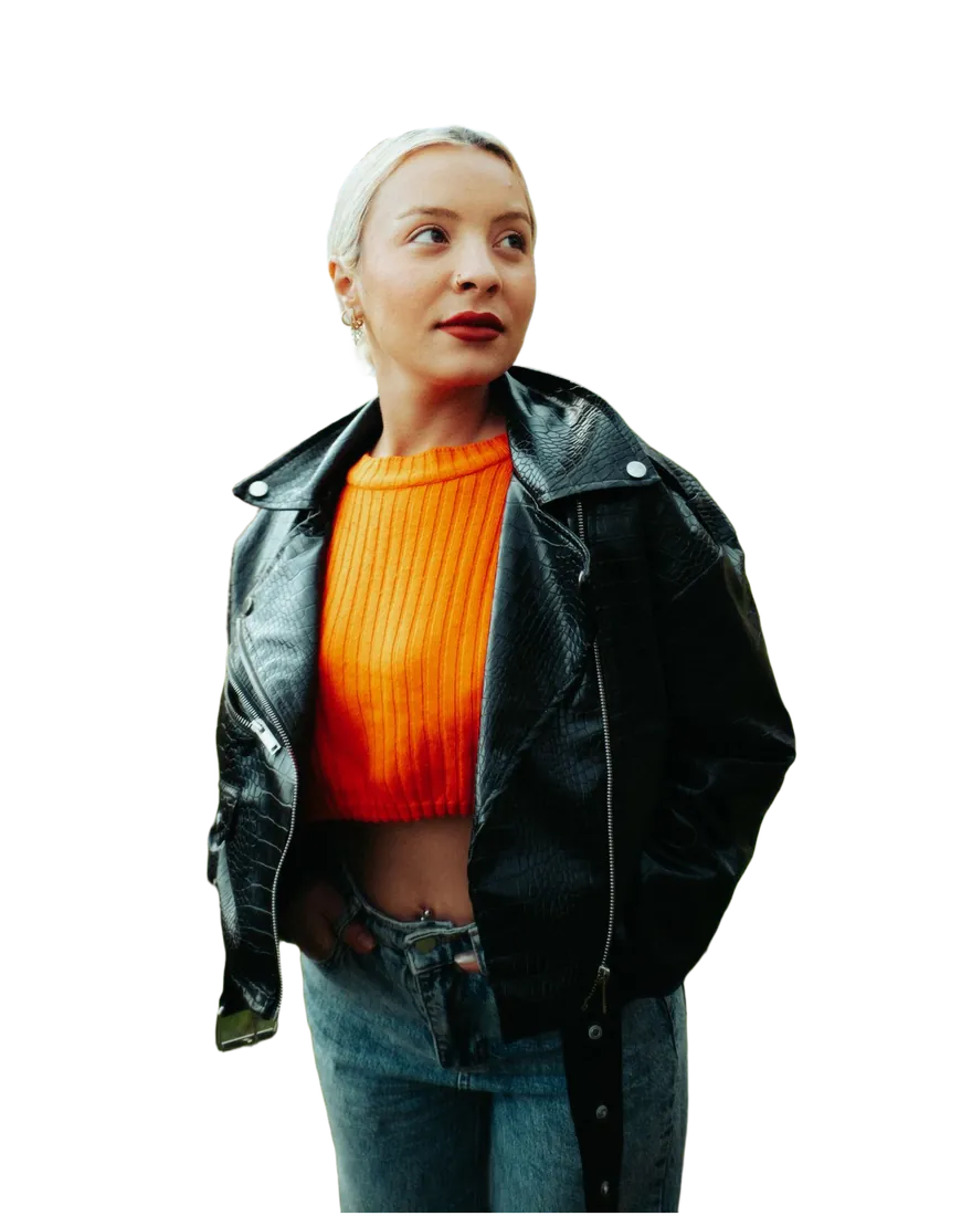 Portrait of a woman in a leather jacket, processed by opnai