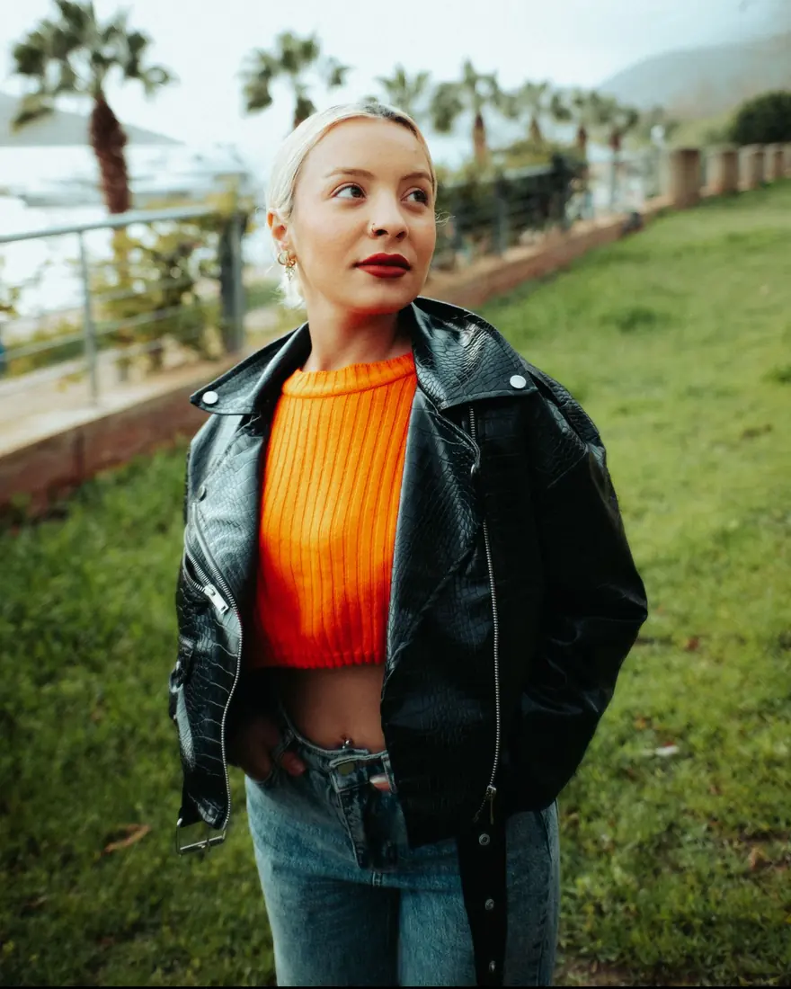 Portrait of a woman in a leather jacket, original