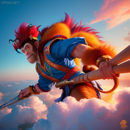 Monkey King in the clouds, vibrant colors, ((monkey colors ...